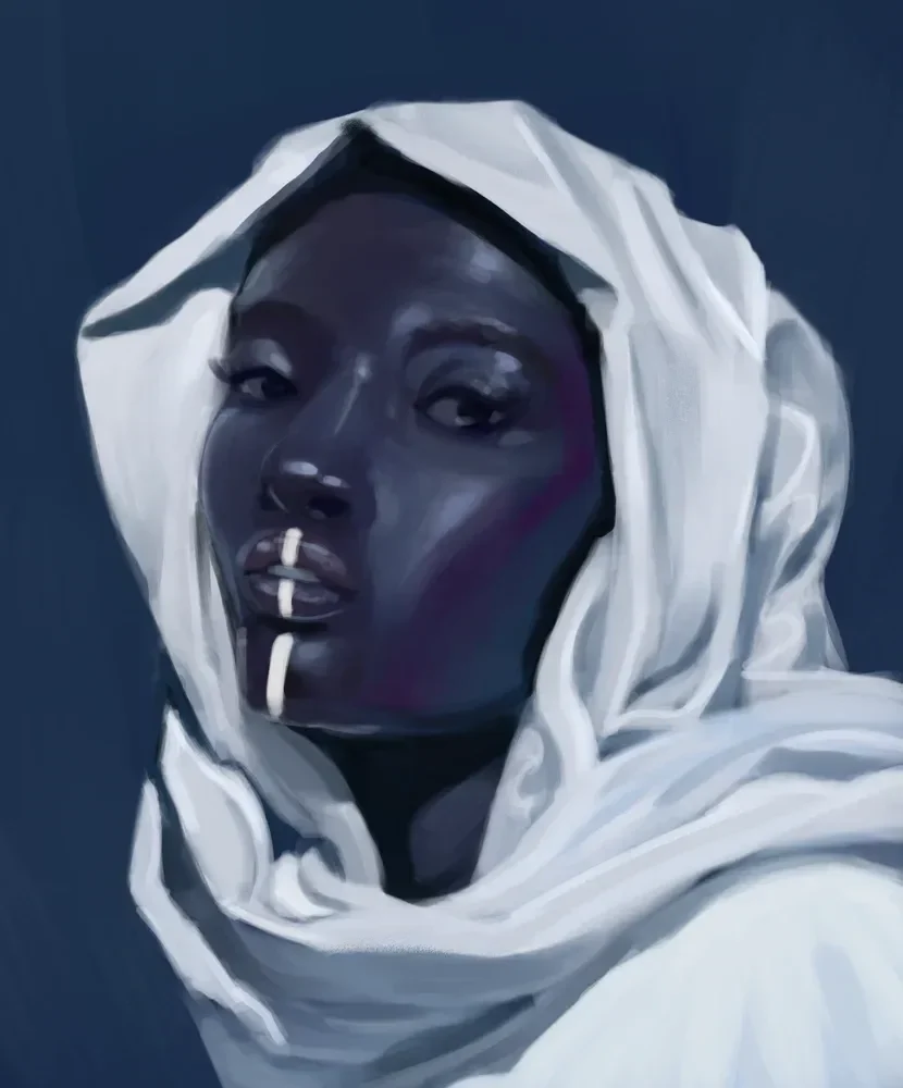 A dark-skinned person looks toward the viewer from inside a white hood against a deep blue background.