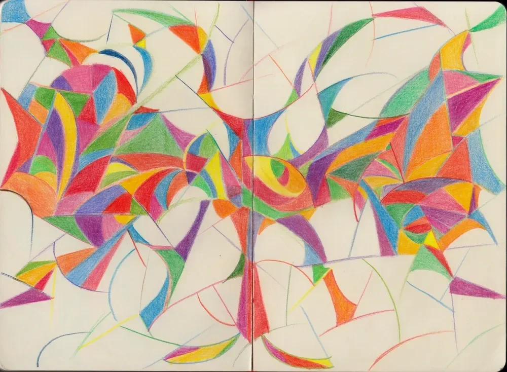 Bright curved shapes in red, pink, blue, yellow, purple, and green spread across an open sketchbook.