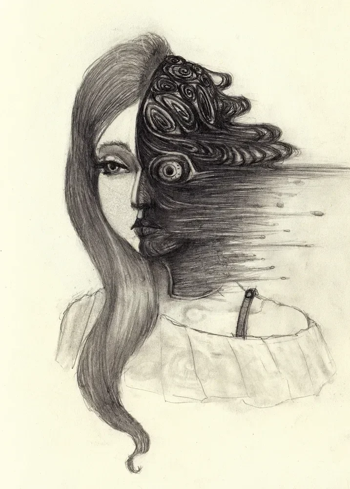 One side of a woman's face dissolves into dark, eye-studded strands swept to the right.
