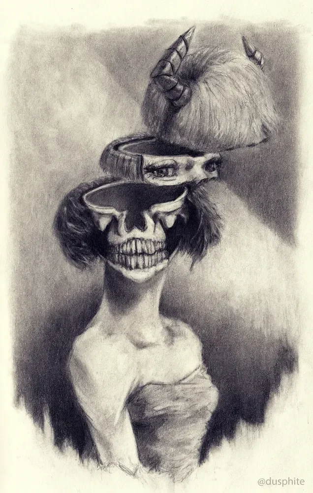A horned woman's portrait splits open to reveal a dark skull-like second face.