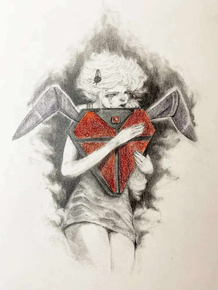 A pale winged figure cradles a faceted red heart against a soft gray background.