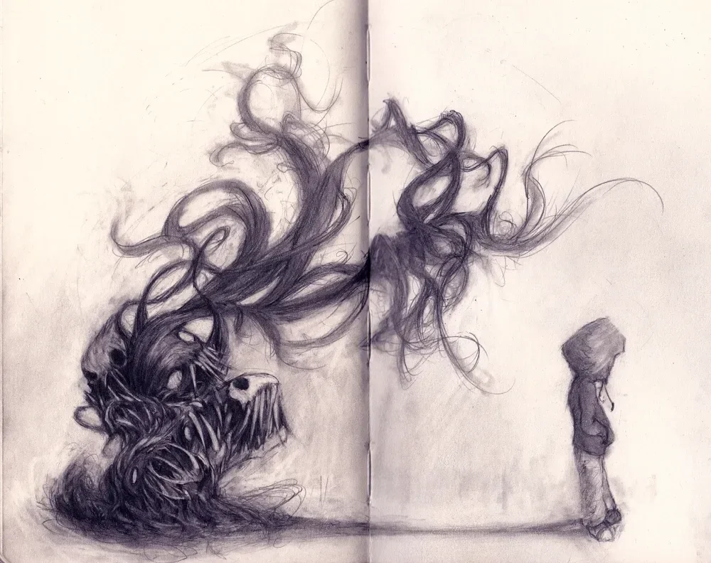 A small hooded figure faces a tangled dark form spreading across an open sketchbook.