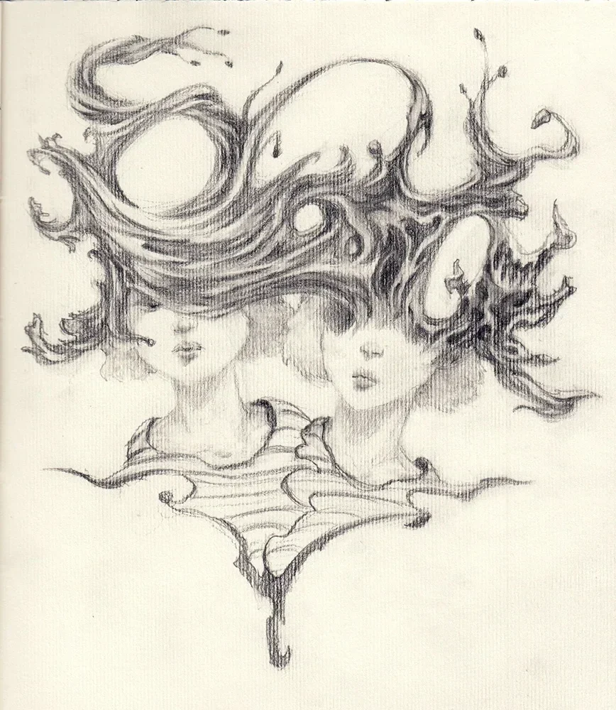 Two faces are partly hidden beneath branching, antler-like forms that sweep across the page.