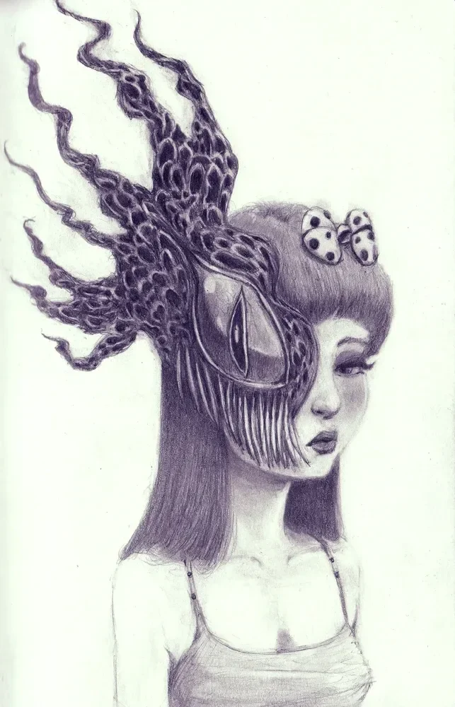 Dark branching shapes and an eye-like form cover one side of a woman's face.