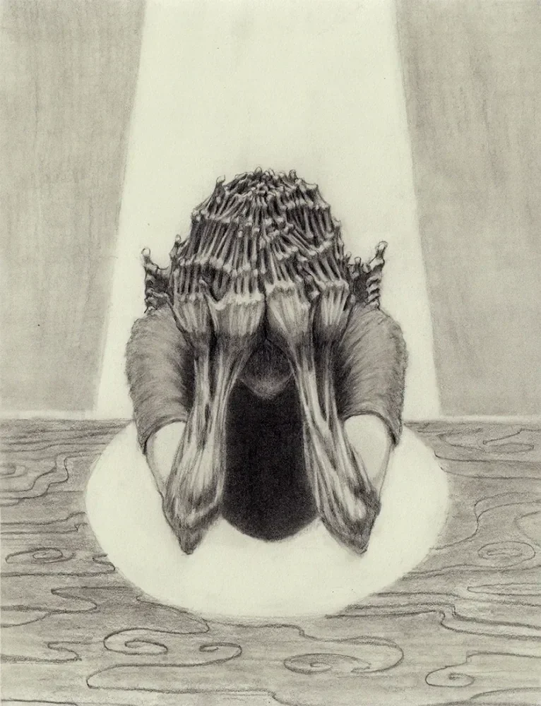 A seated figure hides their face behind skeletal hands, framed by a shaft of light.