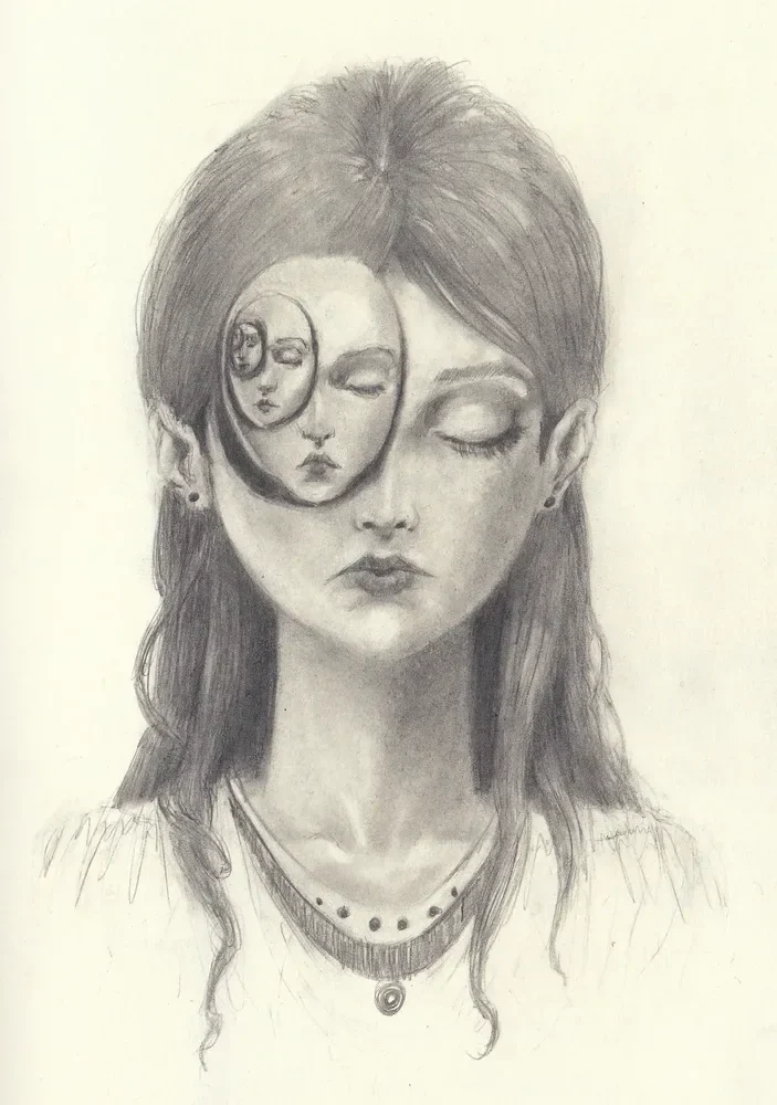 A woman with closed eyes has a smaller, overlapping face set beside her left eye.