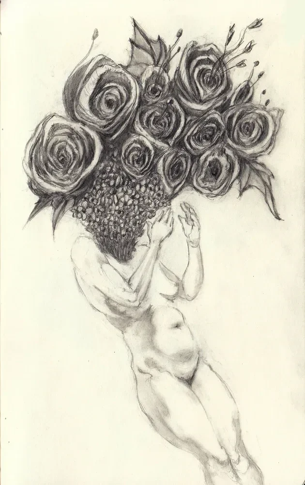 A curled seated figure has a head formed from large rose-like blooms and smaller flowers.
