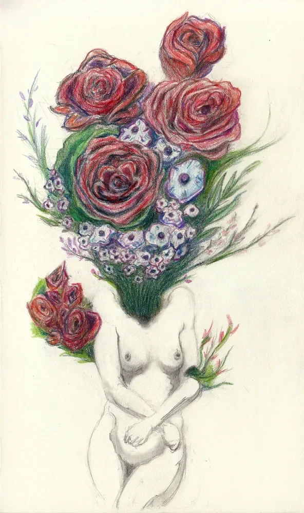 A seated figure has a colorful bouquet of red roses and small blue flowers in place of a head.