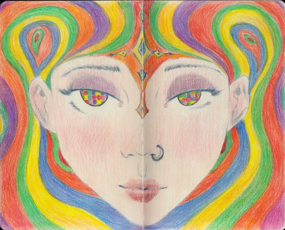 A symmetrical face is framed by rainbow-colored hair with small colored squares in the eyes.