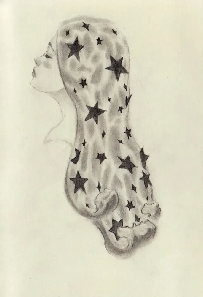 A face in profile with long flowing hair filled with dark stars and curling, cloud-like ends.