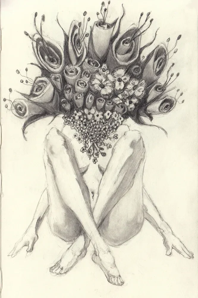 A seated figure's head becomes a dense bouquet of flowers, eyes, and curling stems.