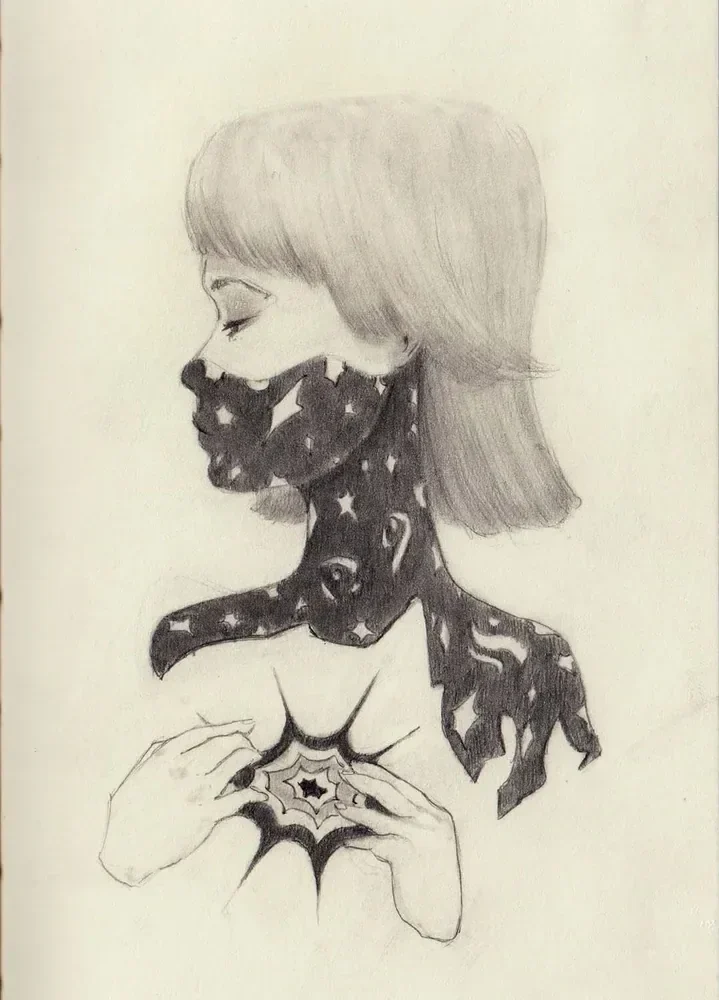 A portrait in profile whose face and shoulders open into a dark space dotted with stars.