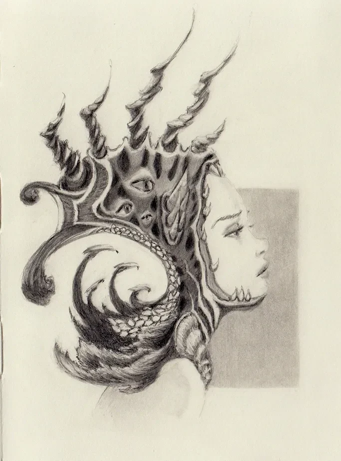 A pencil portrait in profile, wearing an elaborate crown of spiraling horns, eyes and organic shapes.