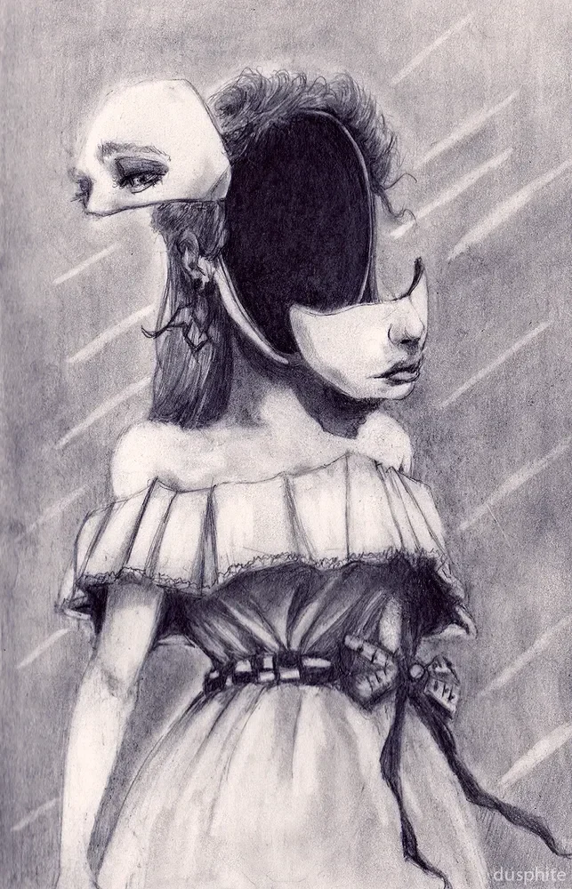 A woman in a ruffled dress has a face divided into floating, overlapping sections.