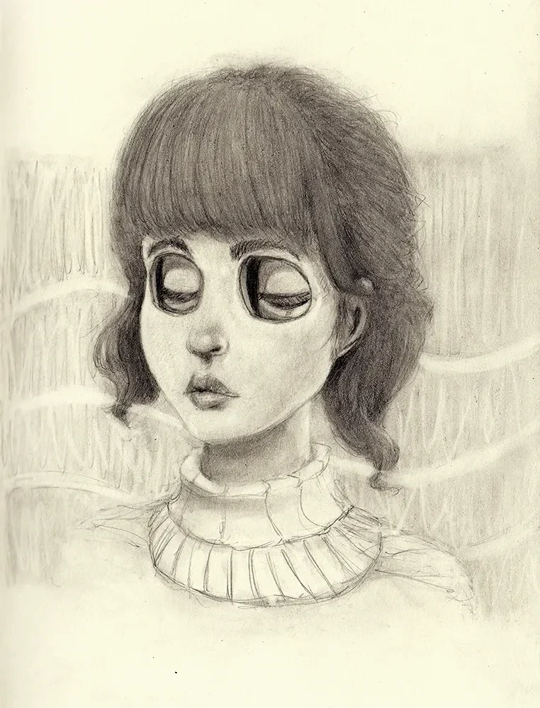A softly drawn young woman looks downward beneath large, dark-rimmed eyes.