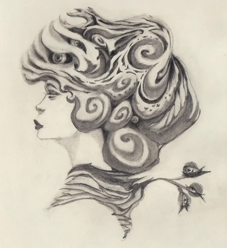 A profile portrait with swirling, eye-studded hair and three small birds at the shoulder.