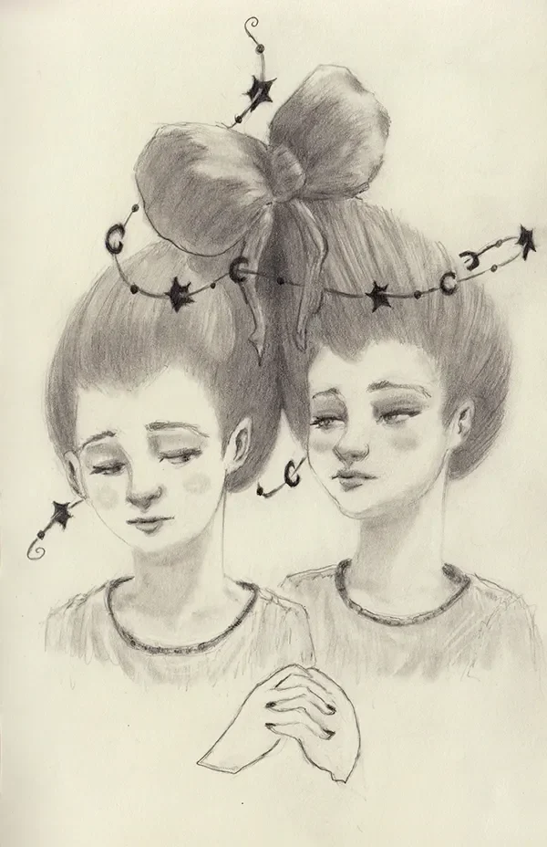 Two figures with joined, bow-shaped hair and clasped hands, encircled by stars and crescent moons.
