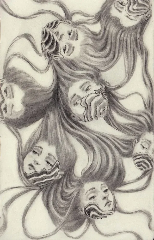 Softly shaded faces arranged around flowing strands of hair that connect them.