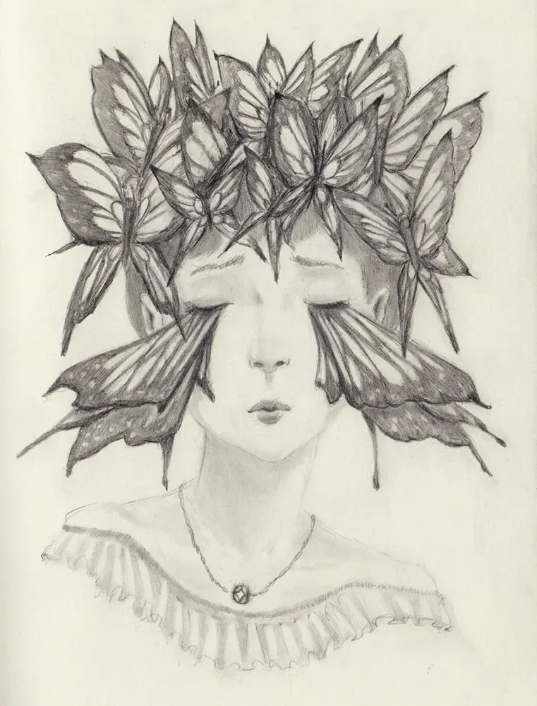 A closed-eyed portrait with butterflies forming a crown and extending across both cheeks.